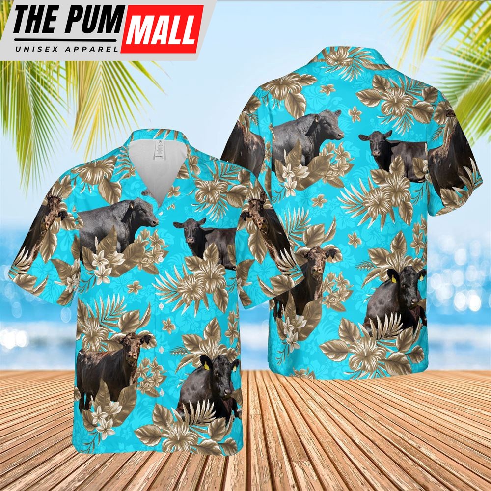 Farm Hawaiian Shirt, Black Angus Cattle Lovers Aloha Pattern Light Blue All Over Printed 3D Hawaiian Shirt, Animal Hawaiian Shirt