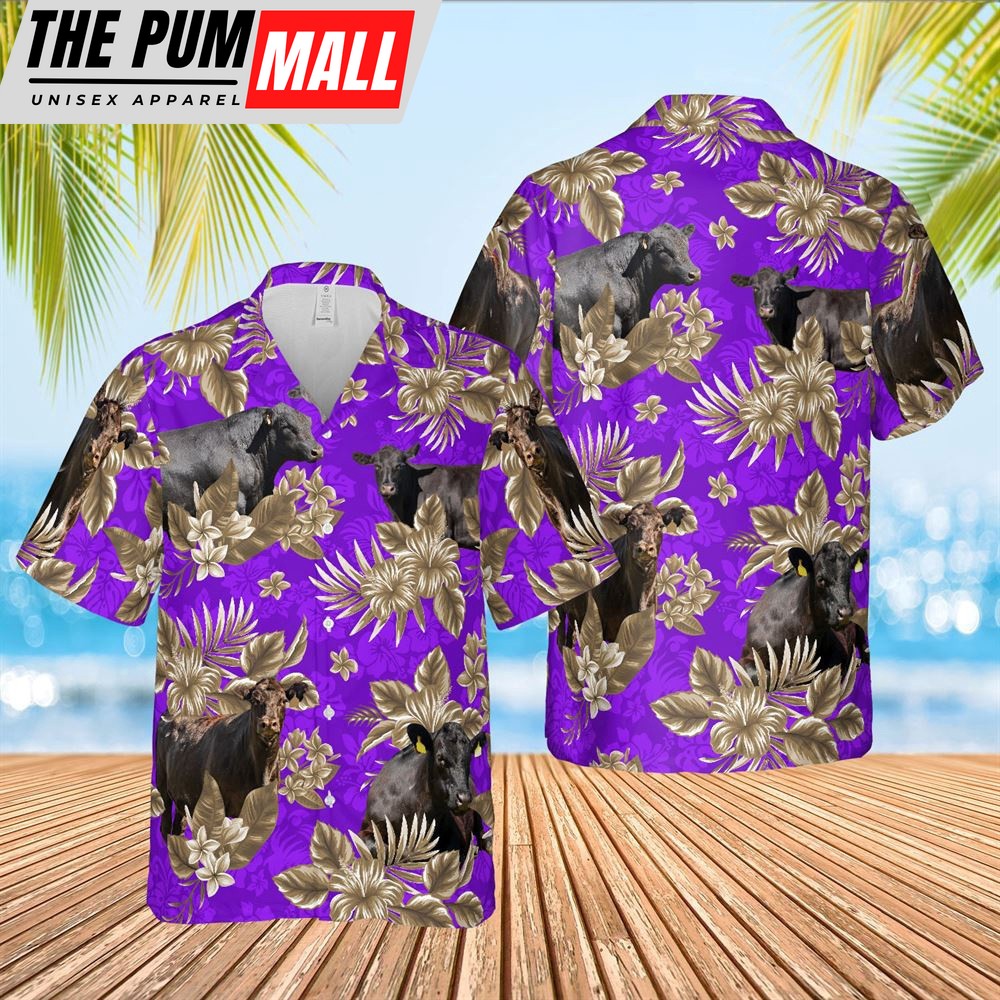 Farm Hawaiian Shirt, Black Angus Cattle Lovers Aloha Pattern Purple All Over Printed 3D Hawaiian Shirt, Animal Hawaiian Shirt