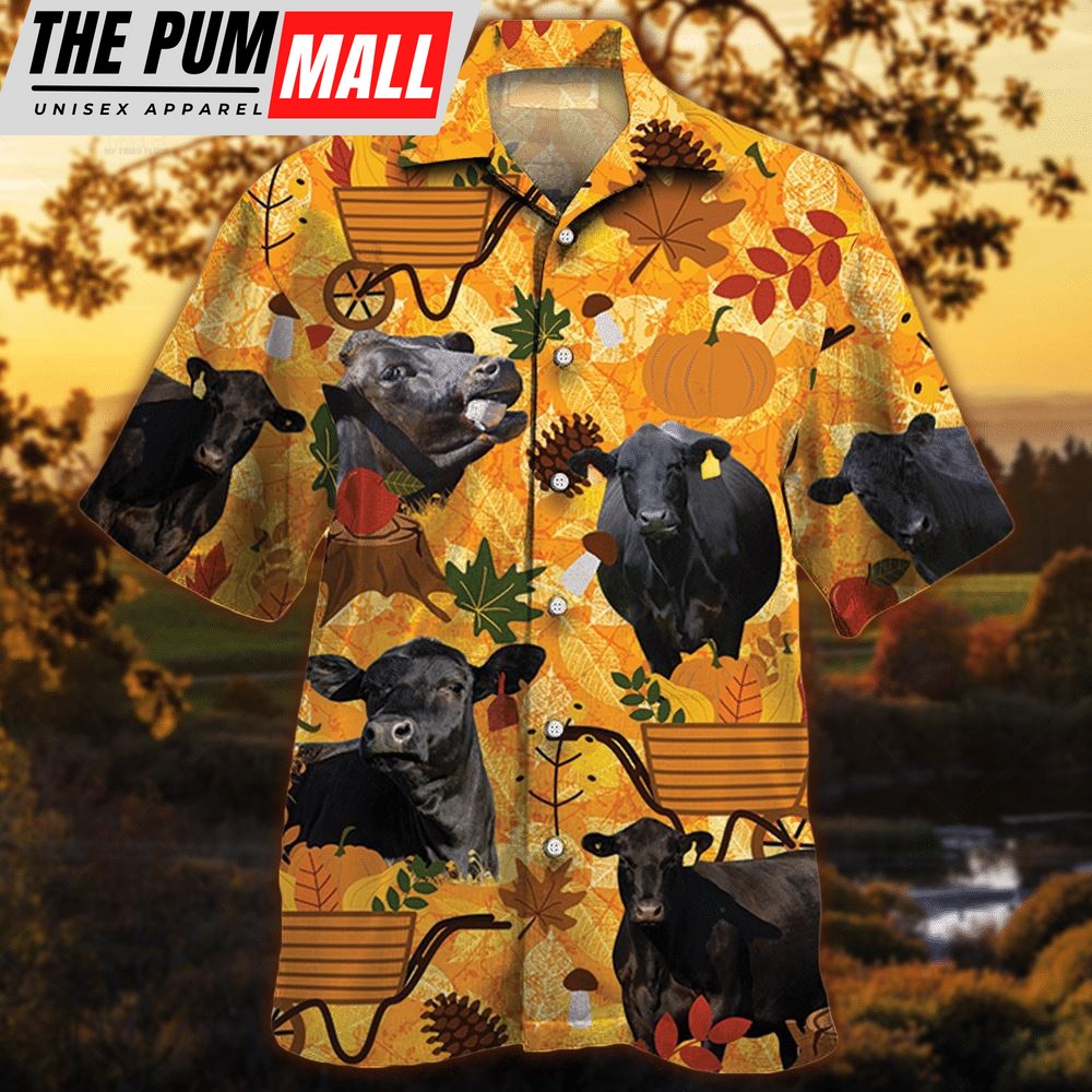 Farm Hawaiian Shirt, Black Angus Cattle Nature Autumn Pumpkin All Over Printed 3D Hawaiian Shirt, Animal Hawaiian Shirt