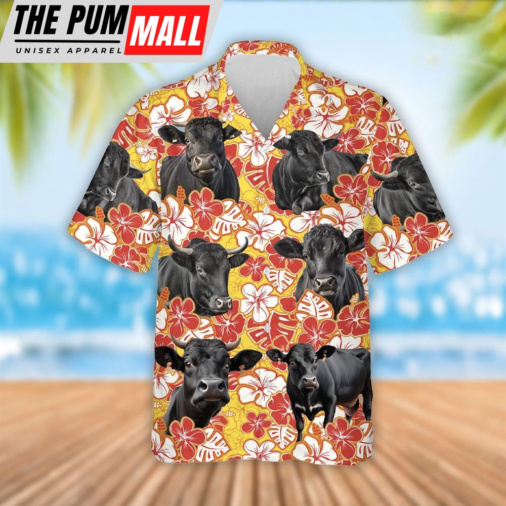 Farm Hawaiian Shirt, Black Angus Cattle Orange Flower Pattern 3D Hawaiian Shirt, Summer Gift, Animal Hawaiian Shirt