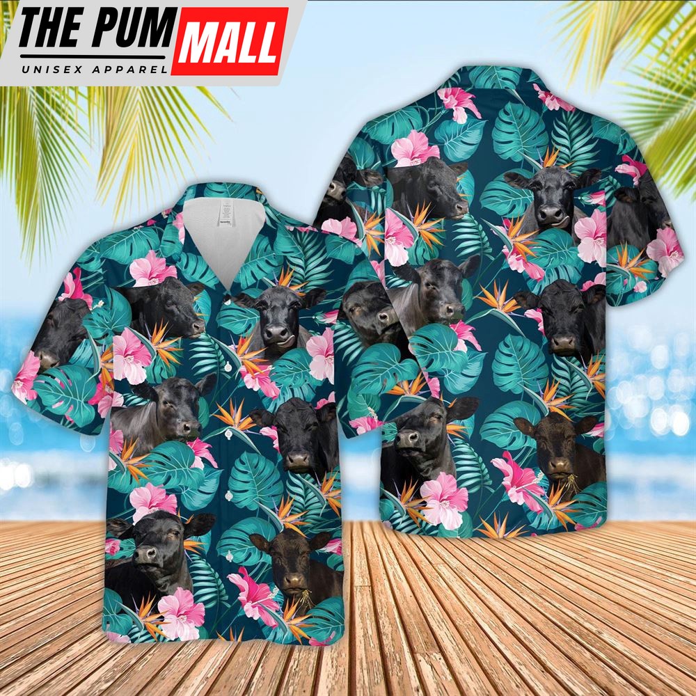 Farm Hawaiian Shirt, Black Angus Cattle Palm Leaves Pattern Hawaiian Shirt, Animal Hawaiian Shirt