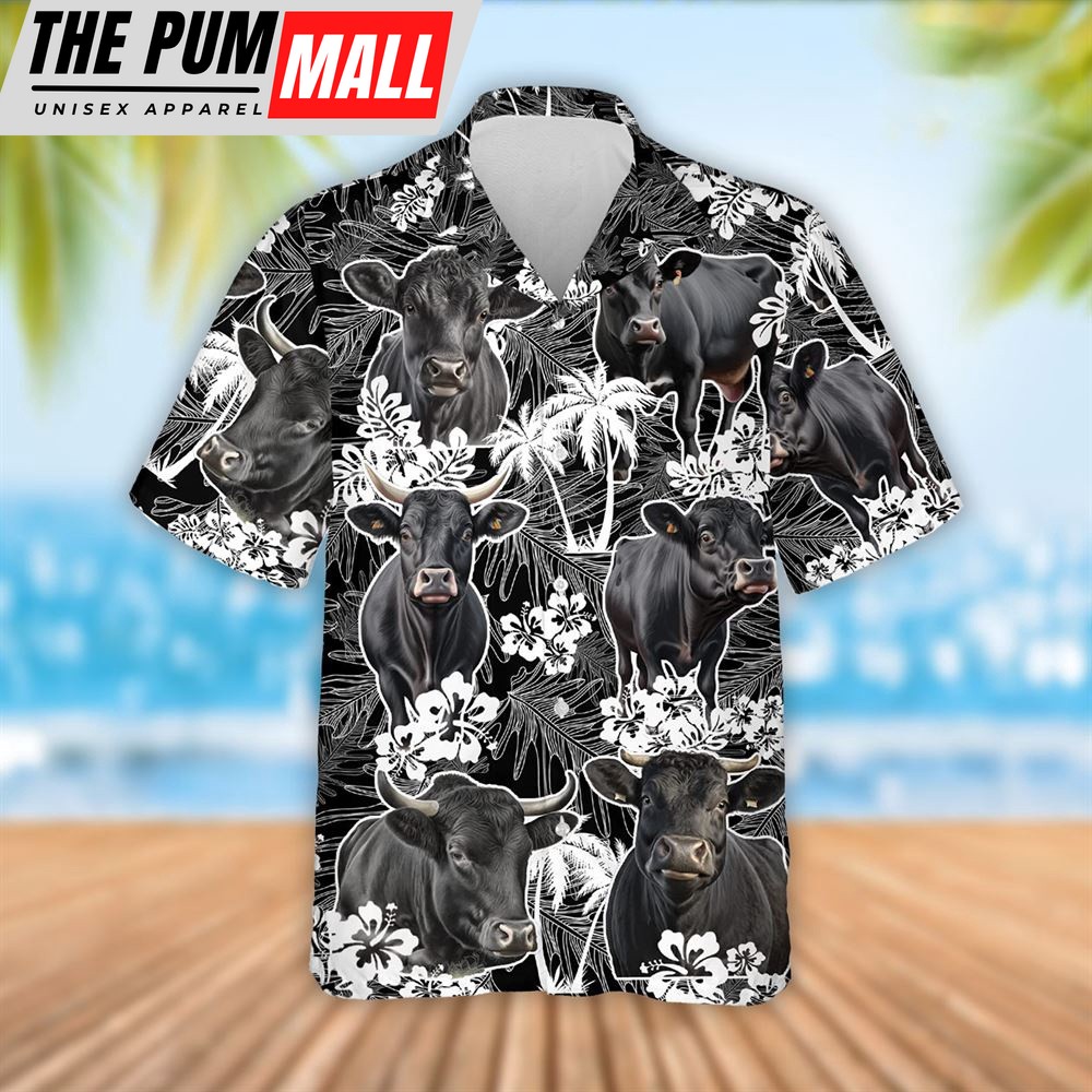 Farm Hawaiian Shirt, Black Angus Cattle Palm Tree Pattern Hawaiian Shirt, Summer Gift, Animal Hawaiian Shirt
