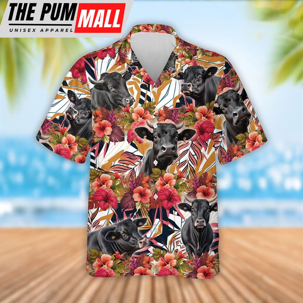 Farm Hawaiian Shirt, Black Angus Cattle Red Hibicus Flowers Hawaiian Shirt, Summer Gift, Animal Hawaiian Shirt