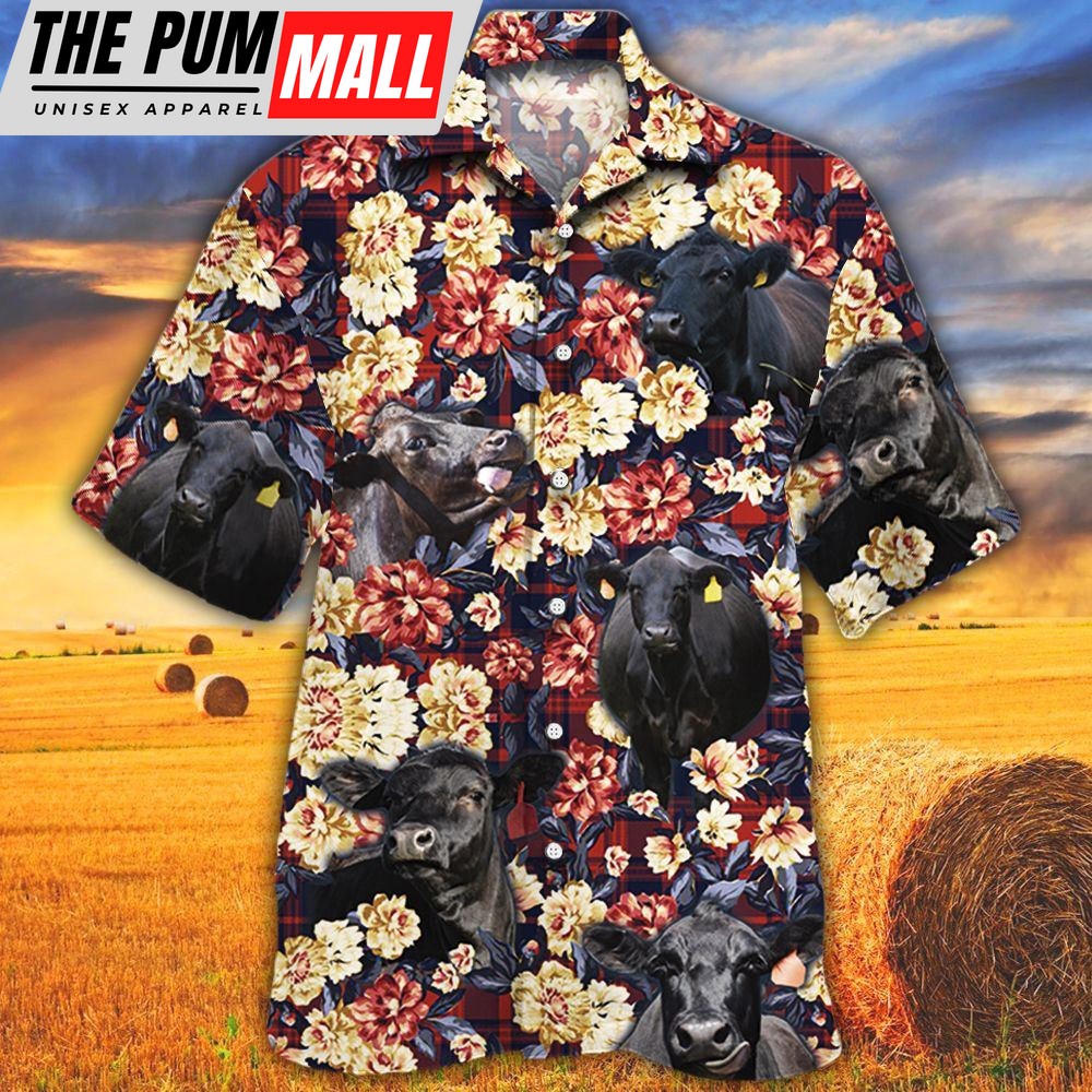 Farm Hawaiian Shirt, Black Angus Cattle Red Plaid Pattern All Over Printed 3D Hawaiian Shirt, Animal Hawaiian Shirt