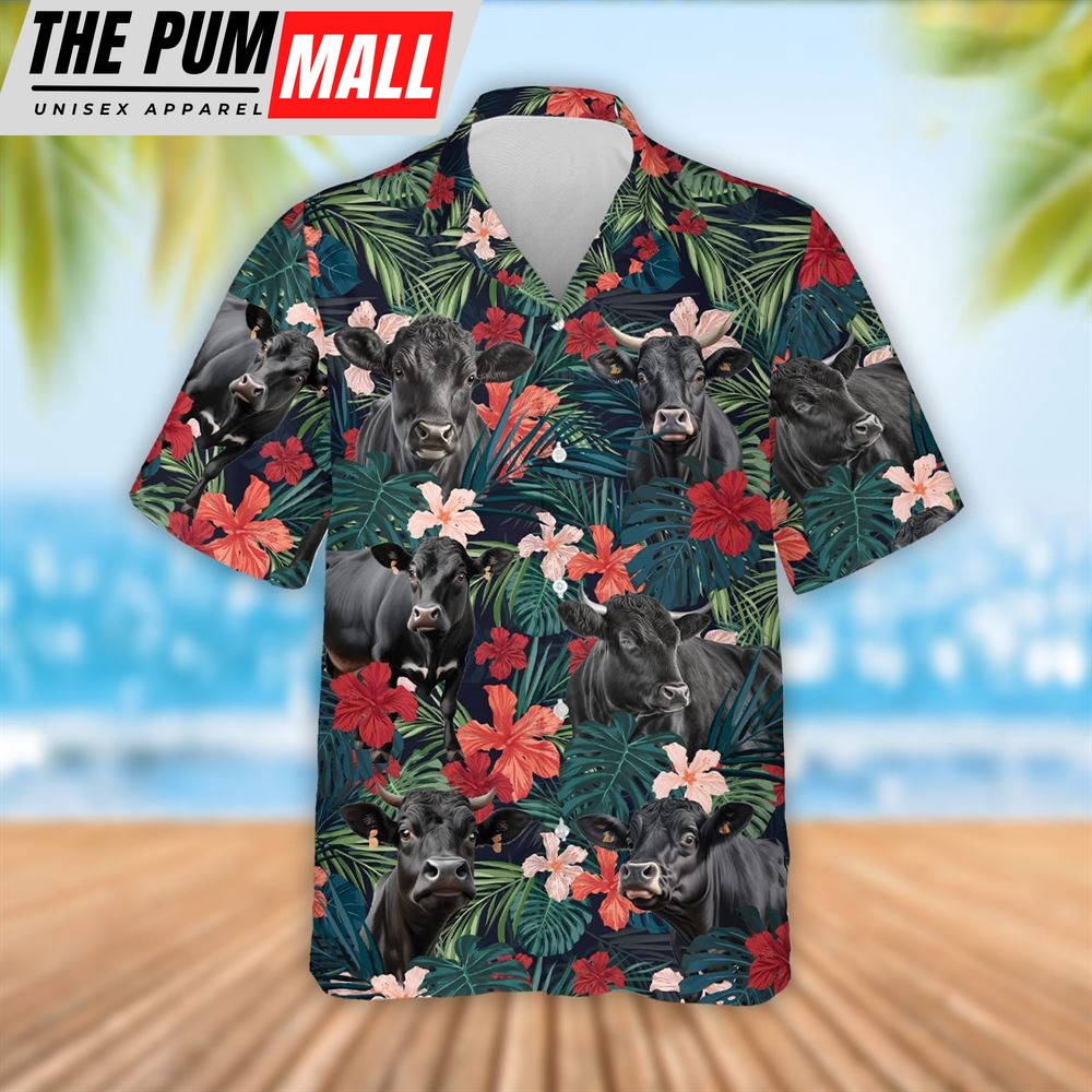 Farm Hawaiian Shirt, Black Angus Cattle Red Tropical Flowers Hawaiian Shirt, Summer Gift, Animal Hawaiian Shirt