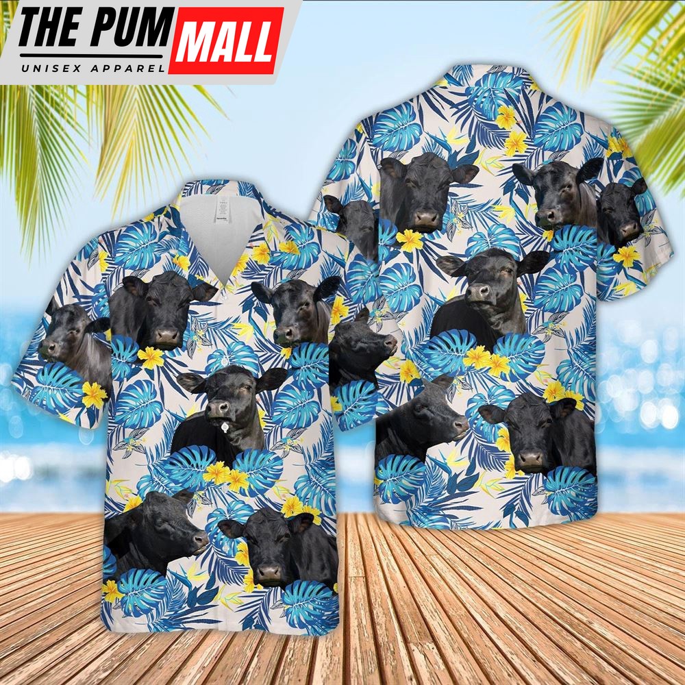 Farm Hawaiian Shirt, Black Angus Cattle Tropical Blue Palm Leaves Hawaiian Shirt, Animal Hawaiian Shirt