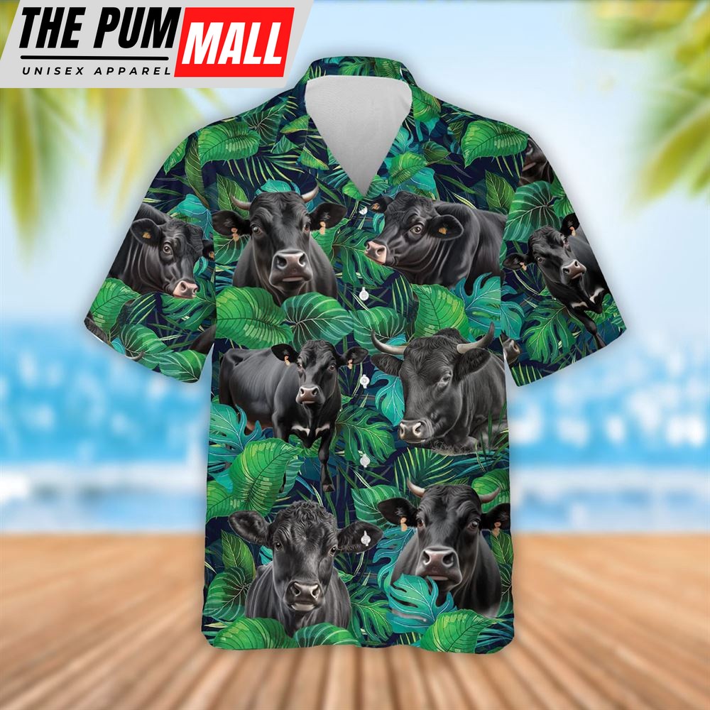 Farm Hawaiian Shirt, Black Angus Cattle Tropical Leaves Hawaiian Shirt, Summer Gift, Animal Hawaiian Shirt