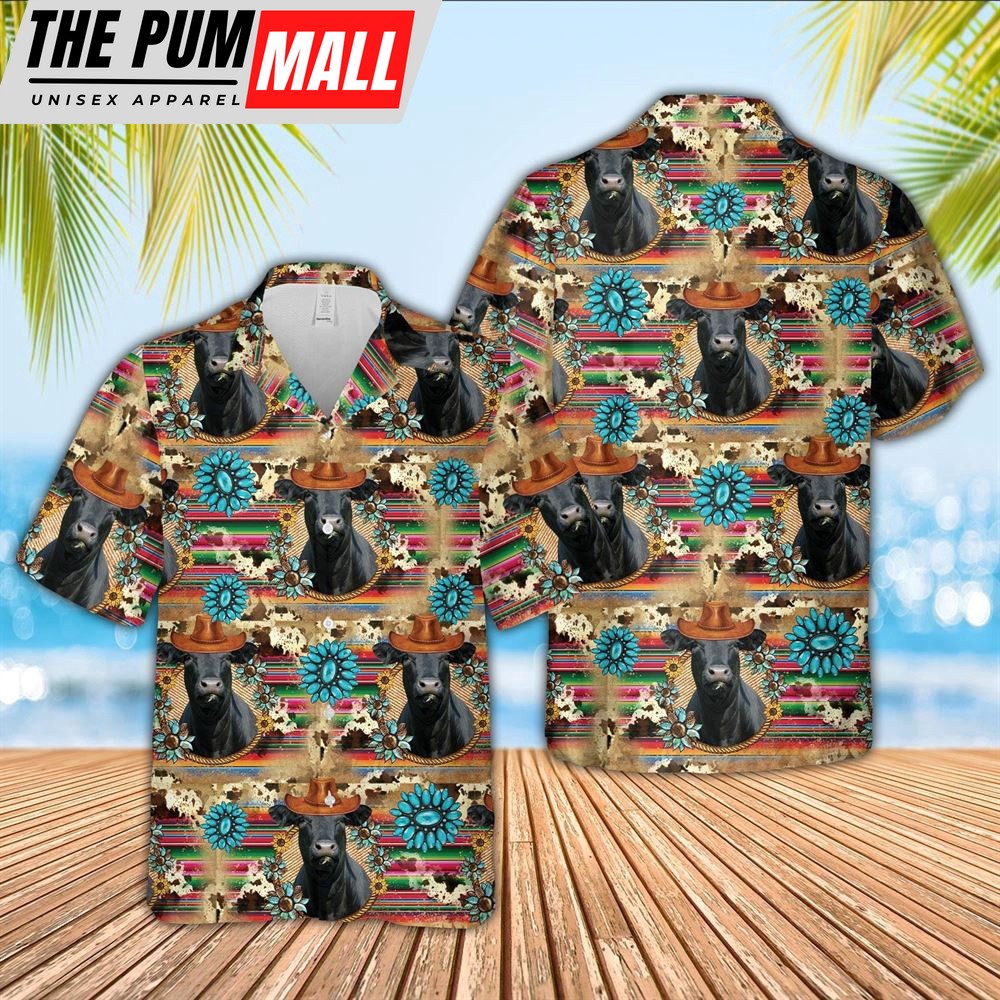 Farm Hawaiian Shirt, Black Angus Cowboy Pattern 3D Hawaiian Shirt, Animal Hawaiian Shirt