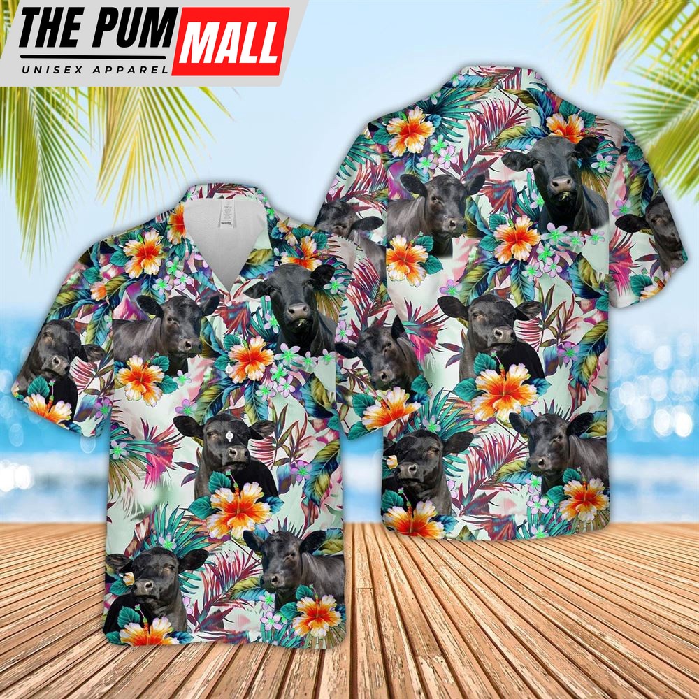 Farm Hawaiian Shirt, Black Angus Cows With Flowers 3D Hawaiian Shirt, Animal Hawaiian Shirt