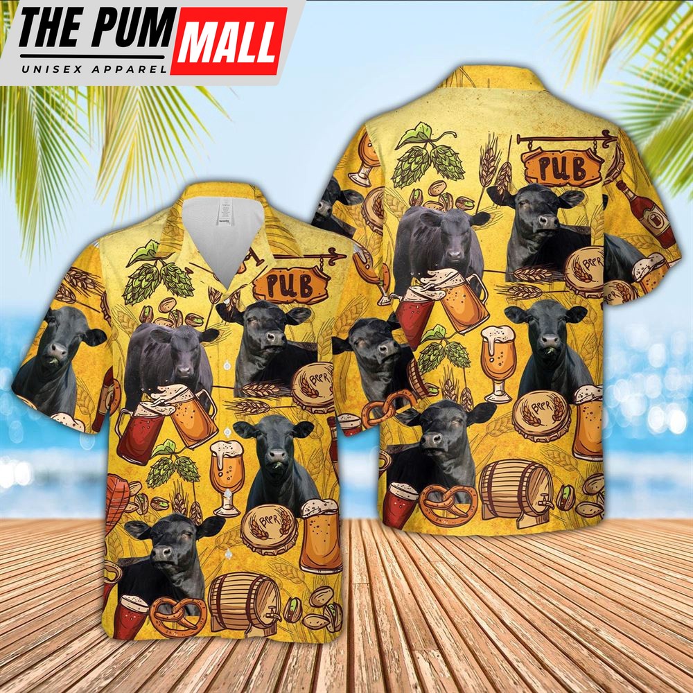 Farm Hawaiian Shirt, Black Angus Drink Beer Pattern 3D Hawaiian Shirt, Animal Hawaiian Shirt