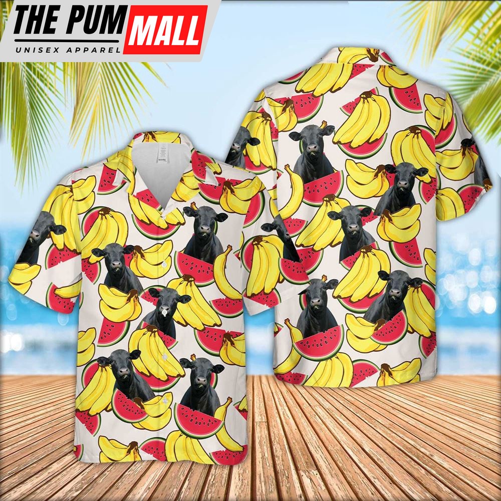 Farm Hawaiian Shirt, Black Angus Face Fruit Pattern 3D Hawaiian Shirt, Animal Hawaiian Shirt
