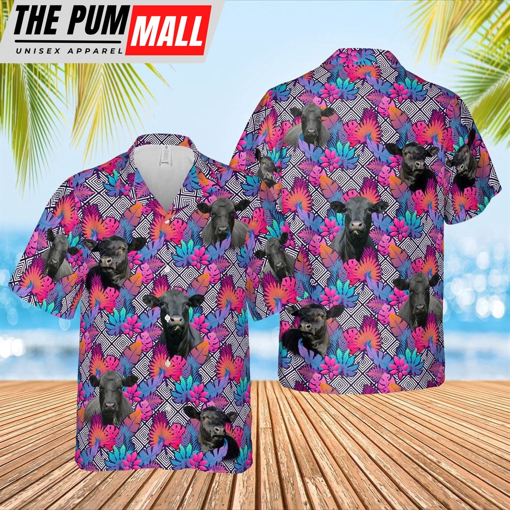 Farm Hawaiian Shirt, Black Angus Face Leaf Pattern 3D Hawaiian Shirt, Animal Hawaiian Shirt