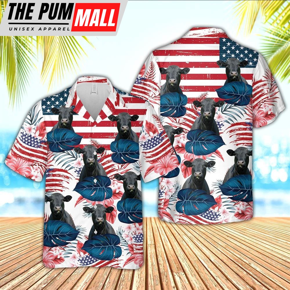 Farm Hawaiian Shirt, Black Angus Flag Pattern Hawaiian Shirts, Animal Hawaiian Shirt
