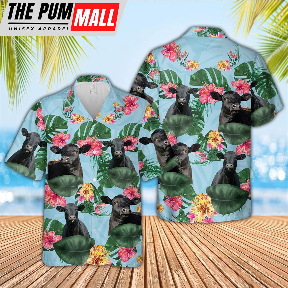 Farm Hawaiian Shirt, Black Angus Flower Pattern 3D Hawaiian Shirt, Animal Hawaiian Shirt