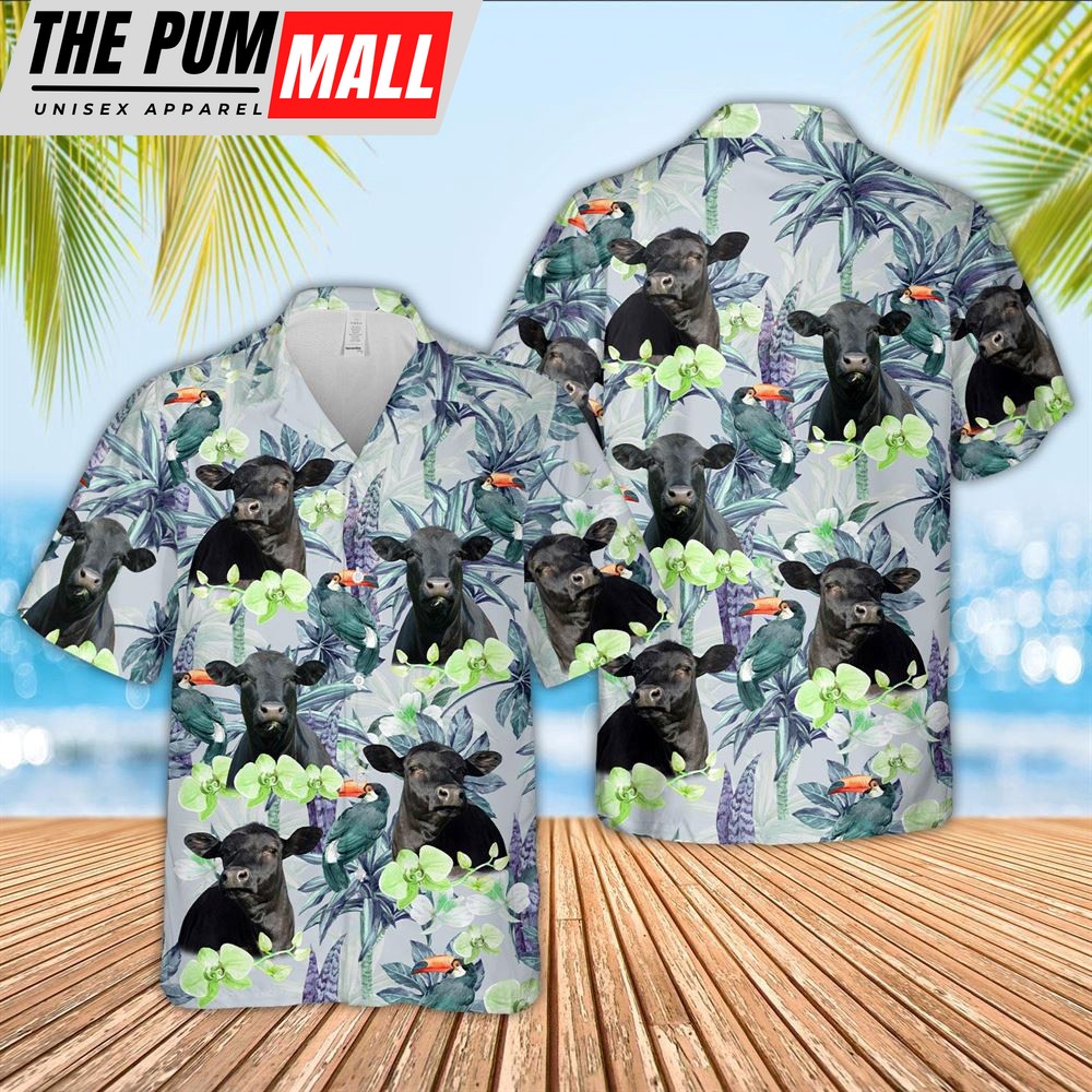 Farm Hawaiian Shirt, Black Angus Flower Pattern 3D Hawaiian Shirts, Animal Hawaiian Shirt
