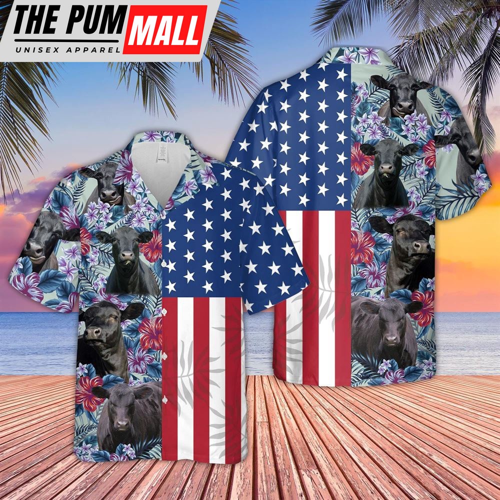 Farm Hawaiian Shirt, Black Angus Flower Pattern Us Flag 3D Hawaiian Shirt, Animal Hawaiian Shirt