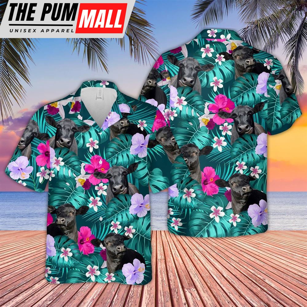 Farm Hawaiian Shirt, Black Angus Green Hibicus Tropical Pattern 3D Hawaiian Shirt, Animal Hawaiian Shirt