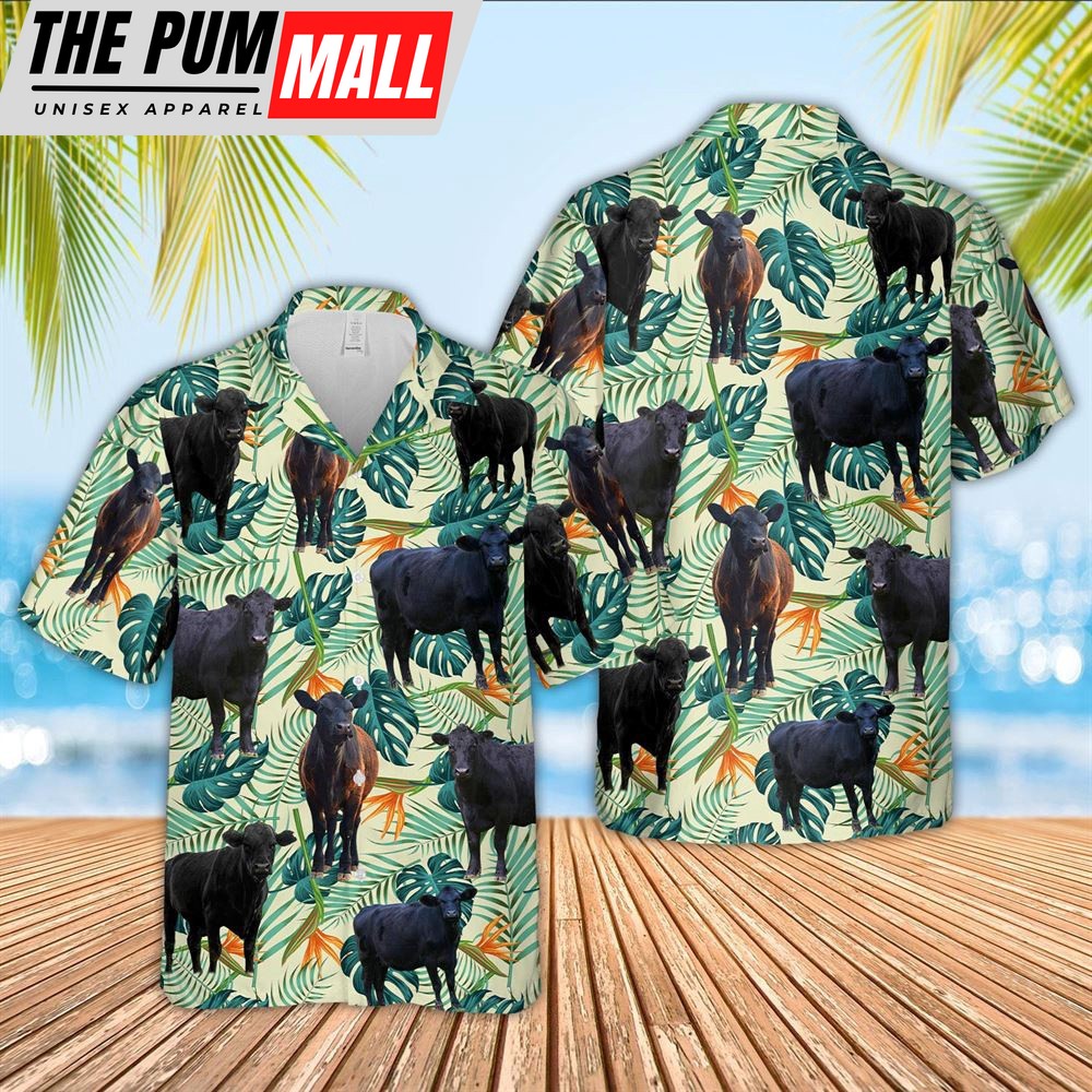 Farm Hawaiian Shirt, Black Angus Green Pattern 3D Hawaiian Shirt, Animal Hawaiian Shirt