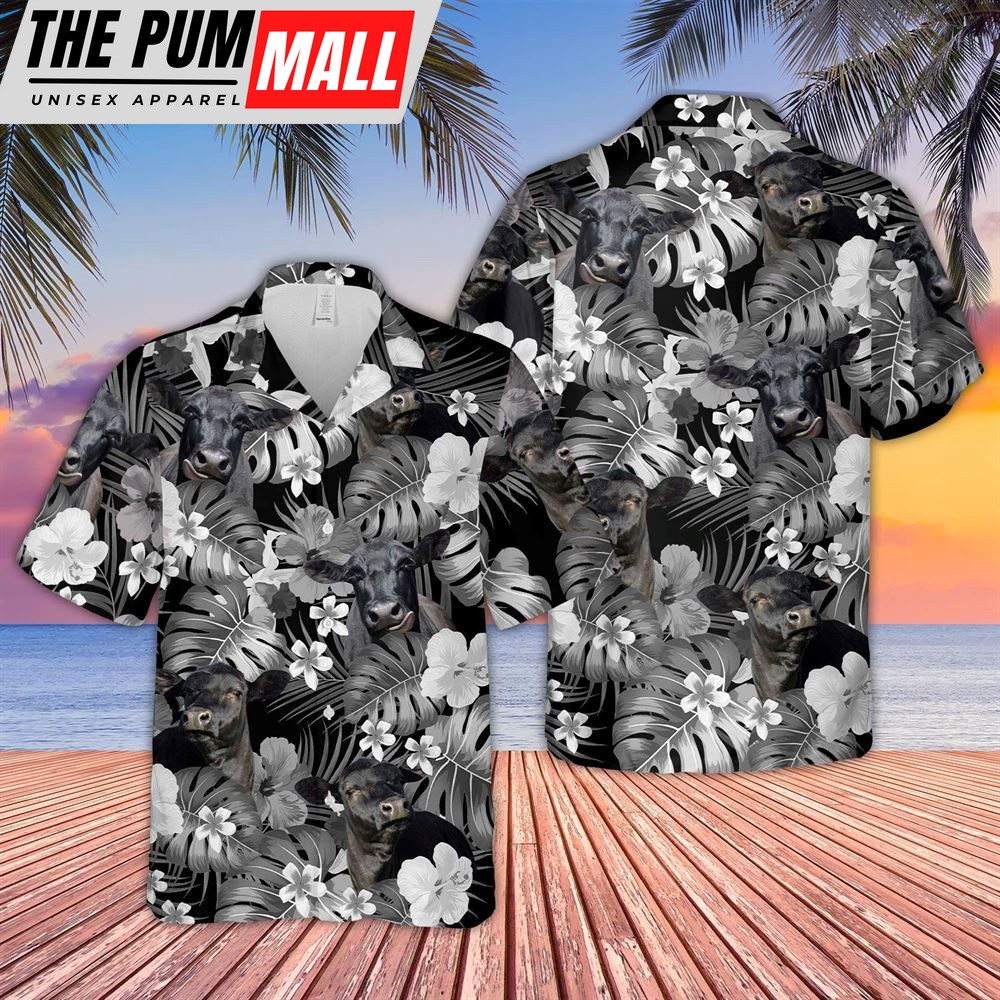 Farm Hawaiian Shirt, Black Angus Grey Hibicus Tropical Pattern 3D Hawaiian Shirt, Animal Hawaiian Shirt