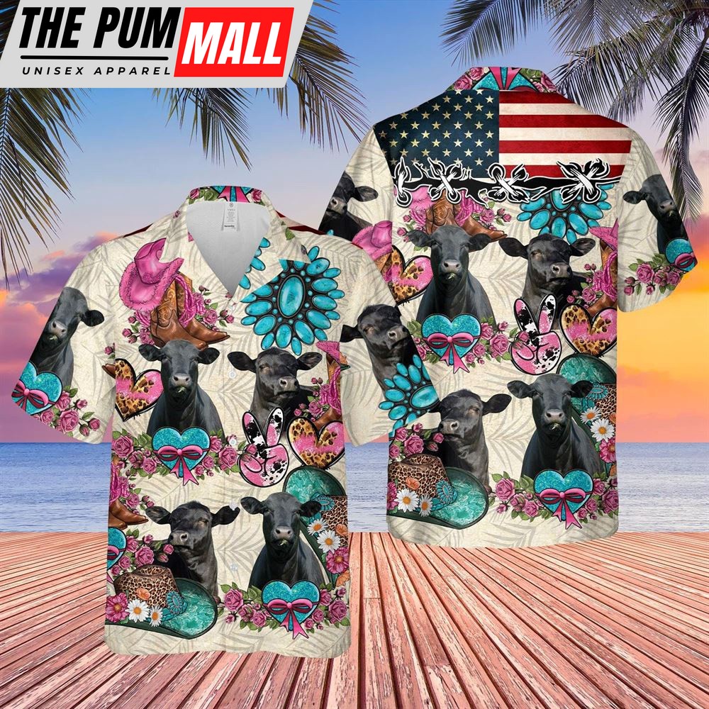 Farm Hawaiian Shirt, Black Angus Happiness Flowers 3D Hawaiian Shirt, Animal Hawaiian Shirt