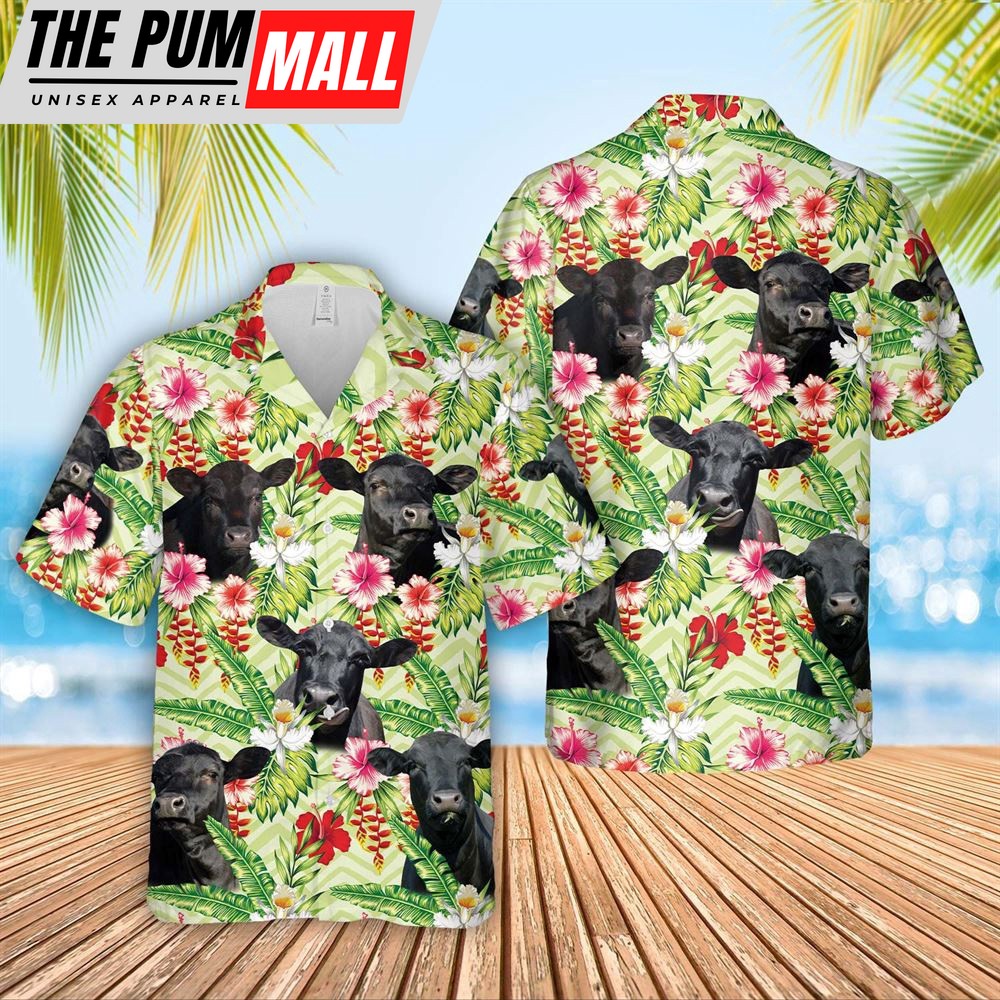 Farm Hawaiian Shirt, Black Angus Hibicus Floral 3D Hawaiian Shirt, Animal Hawaiian Shirt