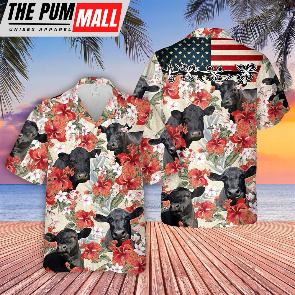 Farm Hawaiian Shirt, Black Angus Hibicus Floral Us Flag 3D Hawaiian Shirt, Animal Hawaiian Shirt