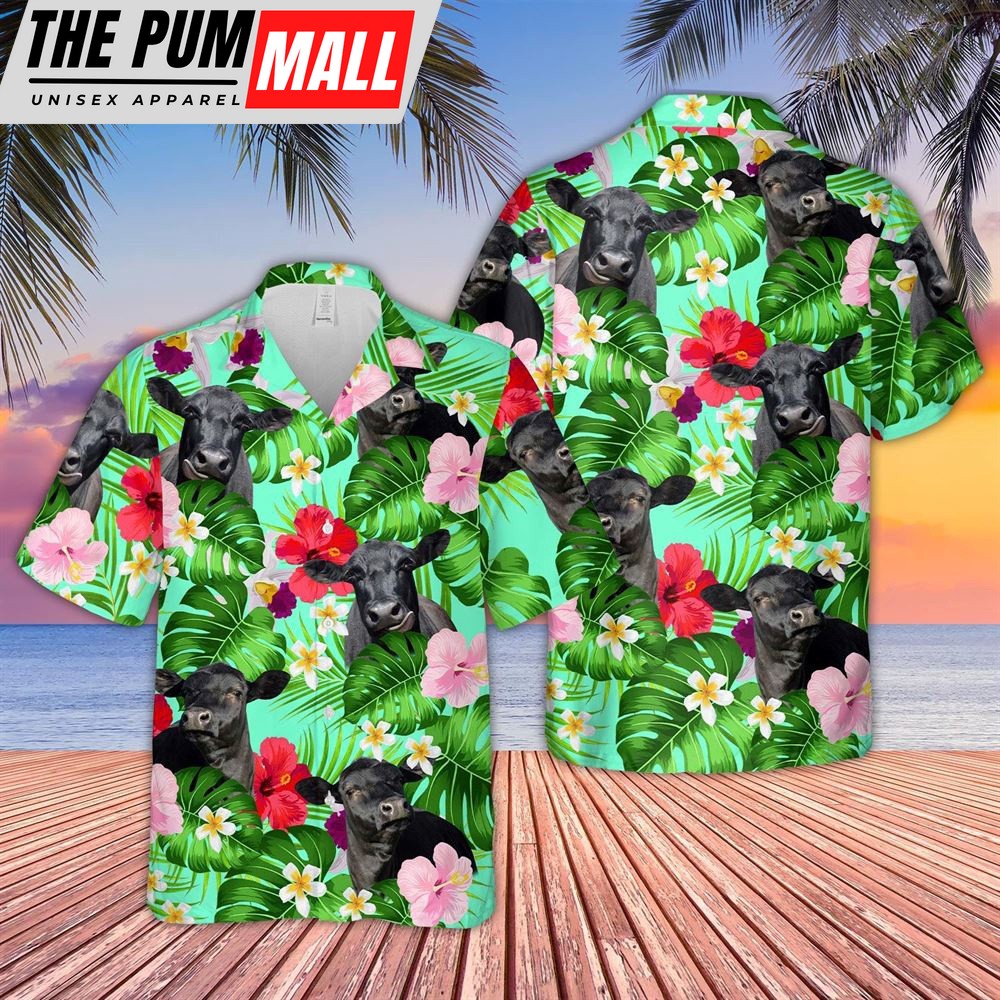 Farm Hawaiian Shirt, Black Angus Hibicus Tropical Pattern 3D Hawaiian Shirt, Animal Hawaiian Shirt