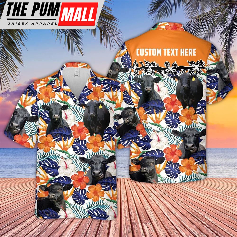 Farm Hawaiian Shirt, Black Angus Hibiscus Blue Floral Custom Name 3D Hawaiian Shirt, Animal Hawaiian Shirt