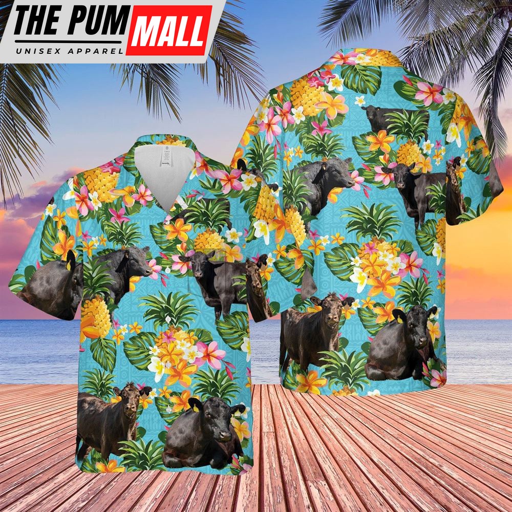 Farm Hawaiian Shirt, Black Angus Pineapple Summer 2 Pockets 3D Hawaiian Shirt, Animal Hawaiian Shirt