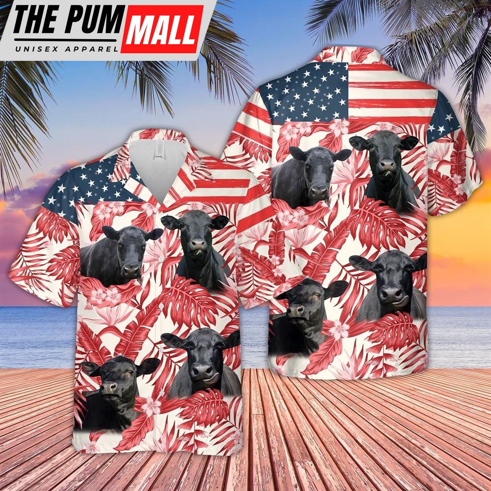 Farm Hawaiian Shirt, Black Angus Red Floral Us Flag 3D Hawaiian Shirt, Animal Hawaiian Shirt
