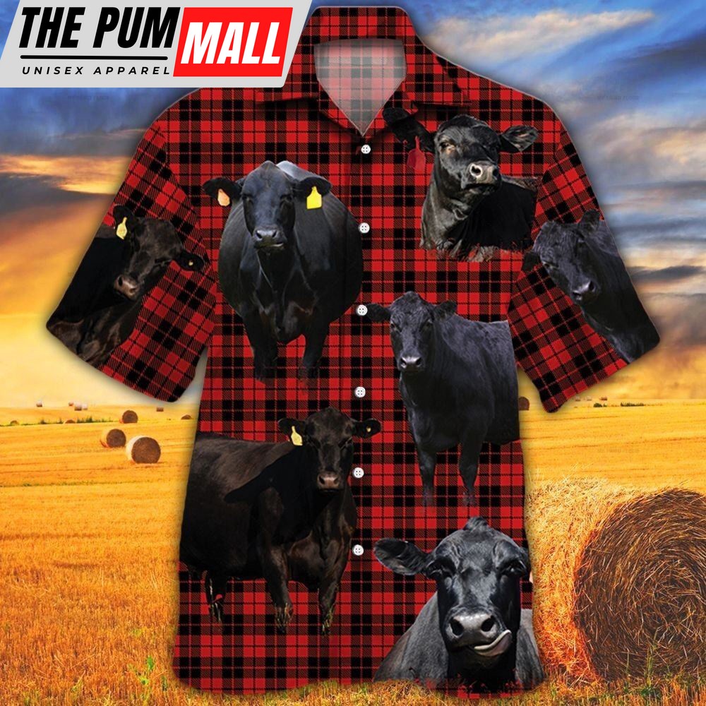 Farm Hawaiian Shirt, Black Angus Red Tartan Pattern All Over Printed 3D Hawaiian Shirt, Animal Hawaiian Shirt