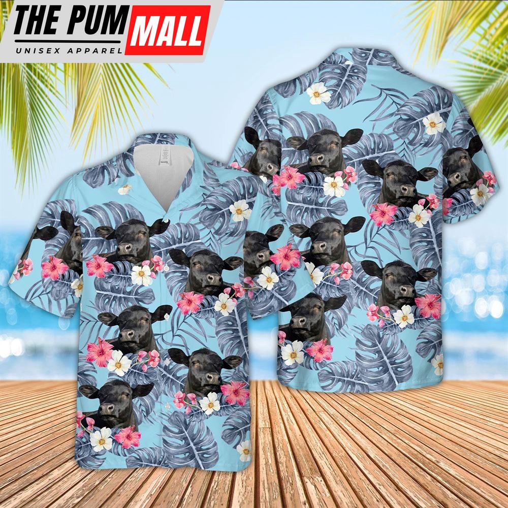 Farm Hawaiian Shirt, Black Angus Sierra Blue Pattern 3D Hawaiian Shirt, Animal Hawaiian Shirt