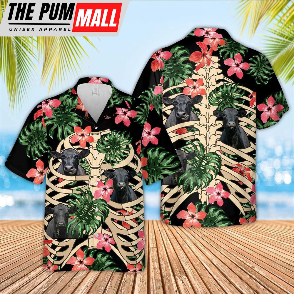 Farm Hawaiian Shirt, Black Angus Skeleton Hawaiian Shirts, Animal Hawaiian Shirt