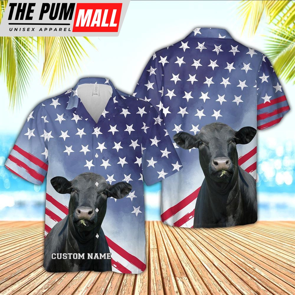 Farm Hawaiian Shirt, Black Angus Star Pattern Customized Name 3D Hawaiian Shirt, Animal Hawaiian Shirt