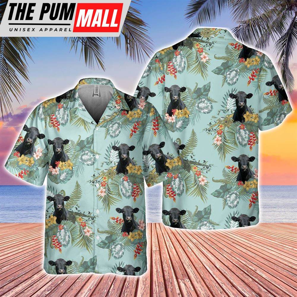 Farm Hawaiian Shirt, Black Angus Tropical Flowers Pattern Hawaiian Shirt, Animal Hawaiian Shirt