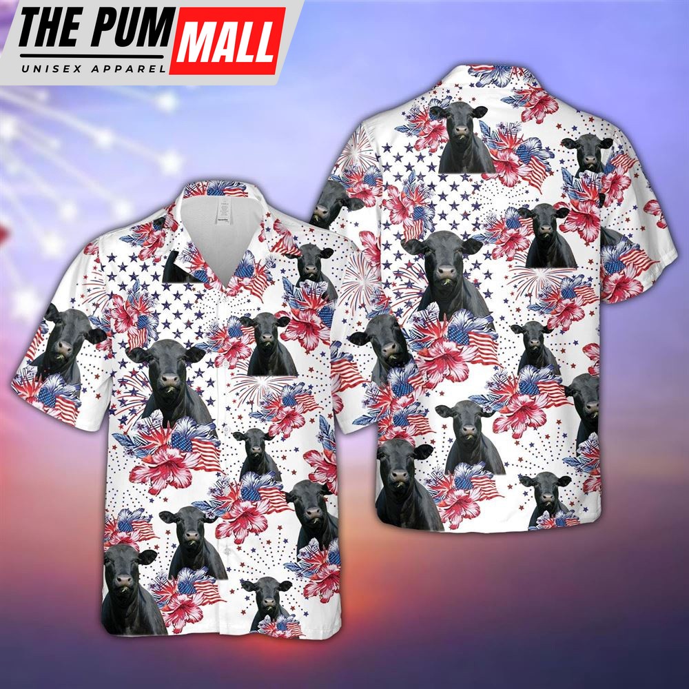 Farm Hawaiian Shirt, Black Angus Us Flag Flower Pattern 3D Hawaiian Shirt, Summer Gift, Animal Hawaiian Shirt