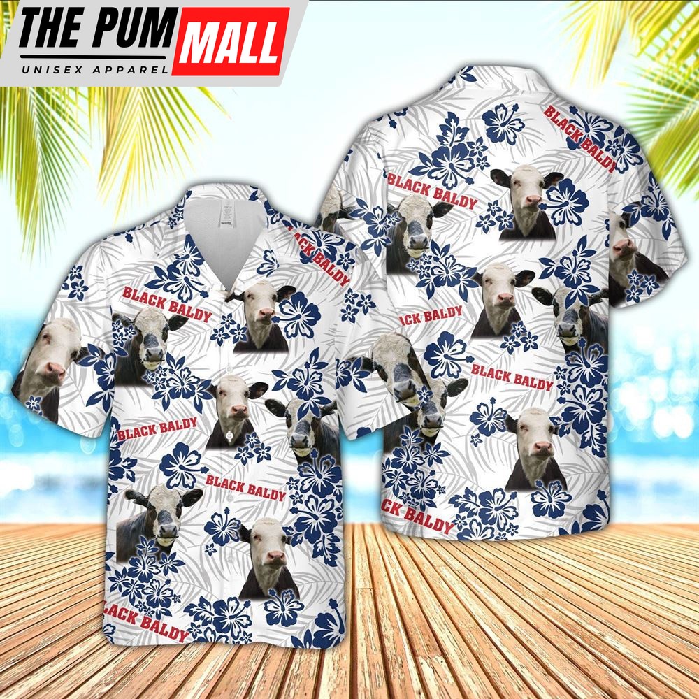 Farm Hawaiian Shirt, Black Baldy American White Flowers Pattern Hawaiian Shirt, Animal Hawaiian Shirt