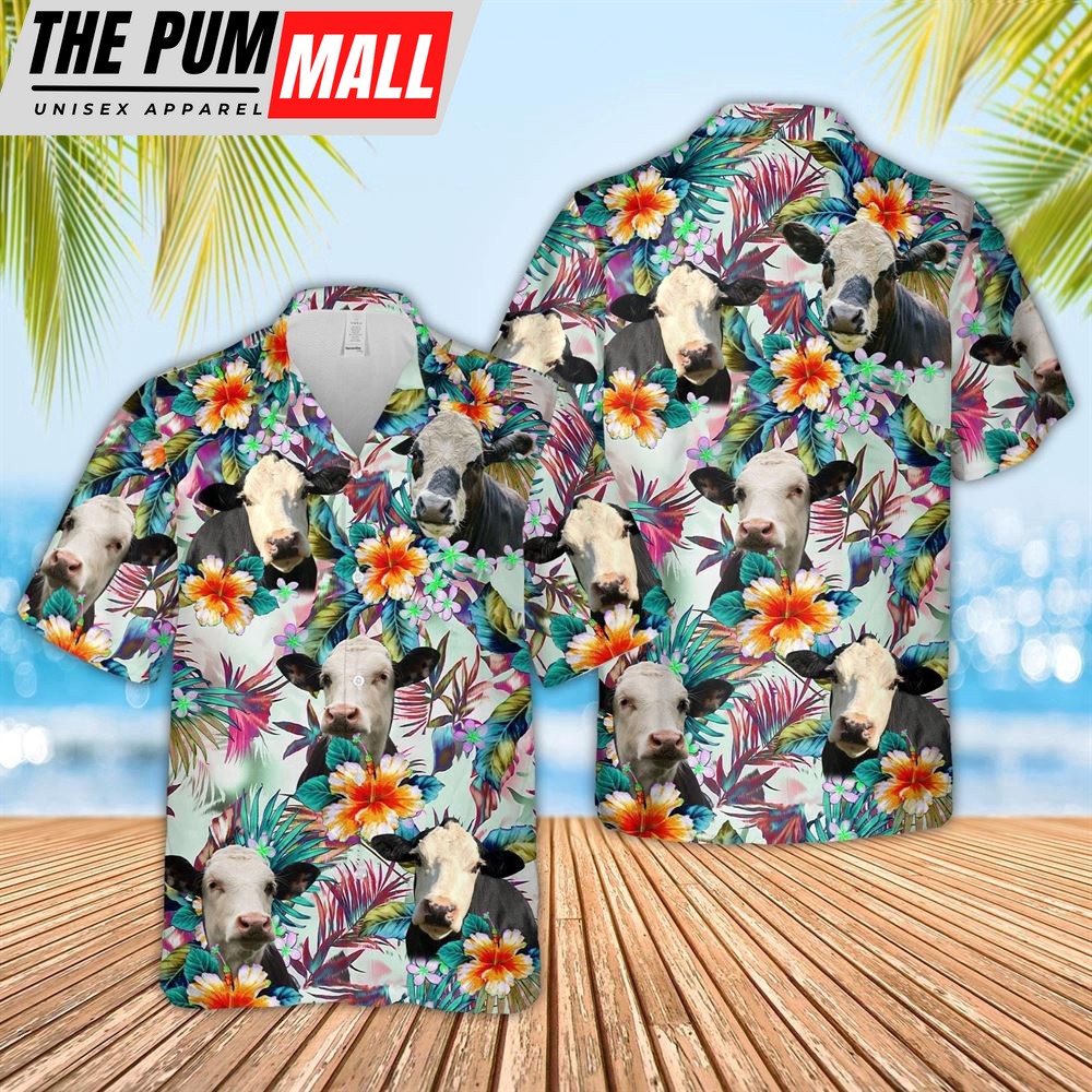 Farm Hawaiian Shirt, Black Baldy Cows With Flowers 3D Hawaiian Shirt, Animal Hawaiian Shirt