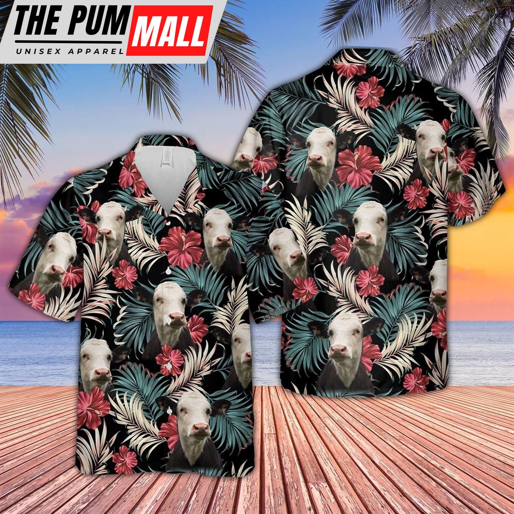 Farm Hawaiian Shirt, Black Baldy Dark Red Flowers Pattern Hawaiian Shirt, Animal Hawaiian Shirt