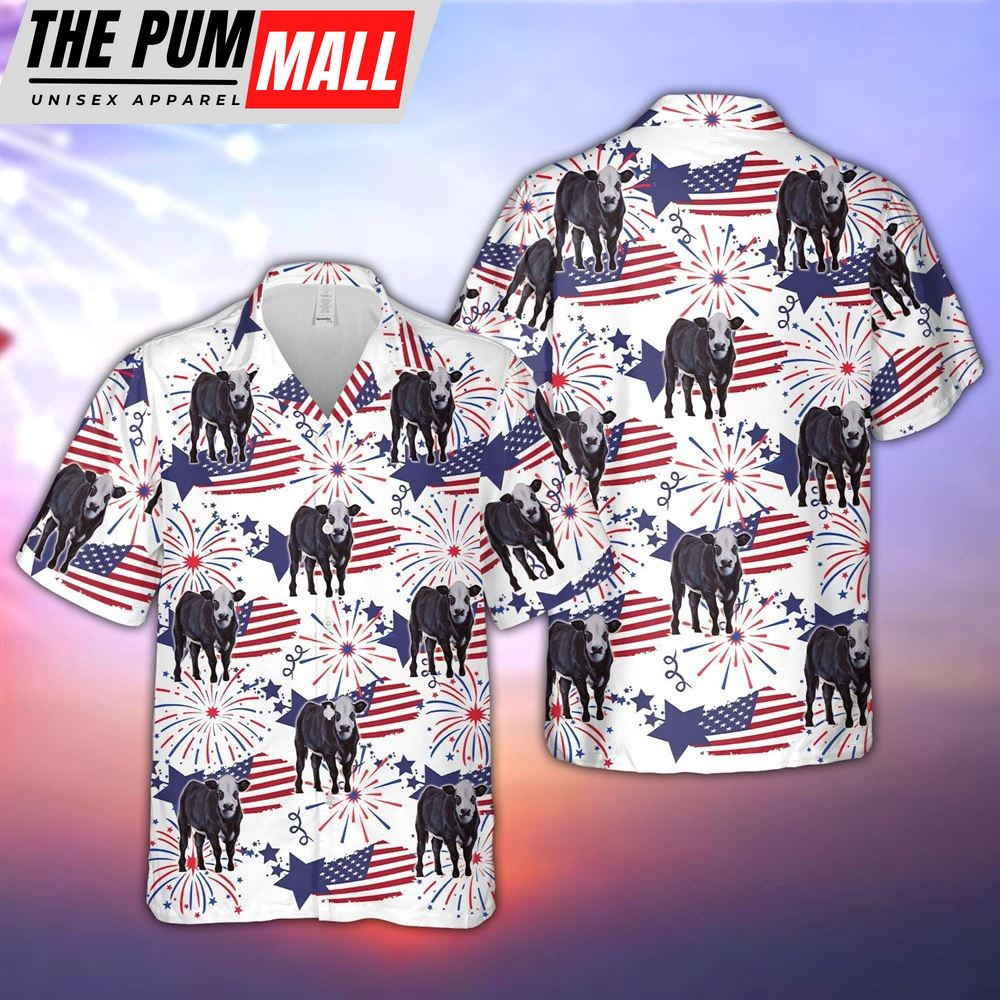 Farm Hawaiian Shirt, Black Baldy Happy Firework Flag Hawaiian Shirt, Summer Gift, Animal Hawaiian Shirt