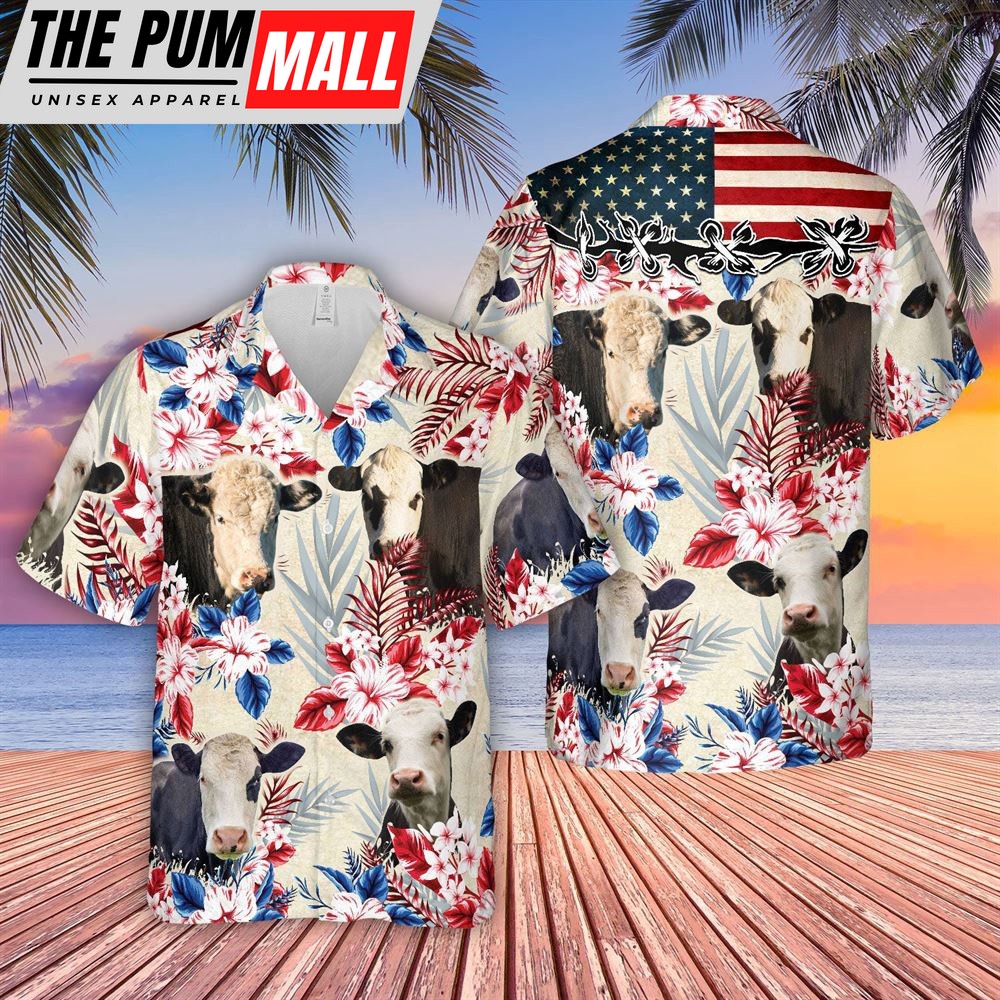 Farm Hawaiian Shirt, Black Baldy Pattern Us Flag Hawaiian Shirt, Animal Hawaiian Shirt