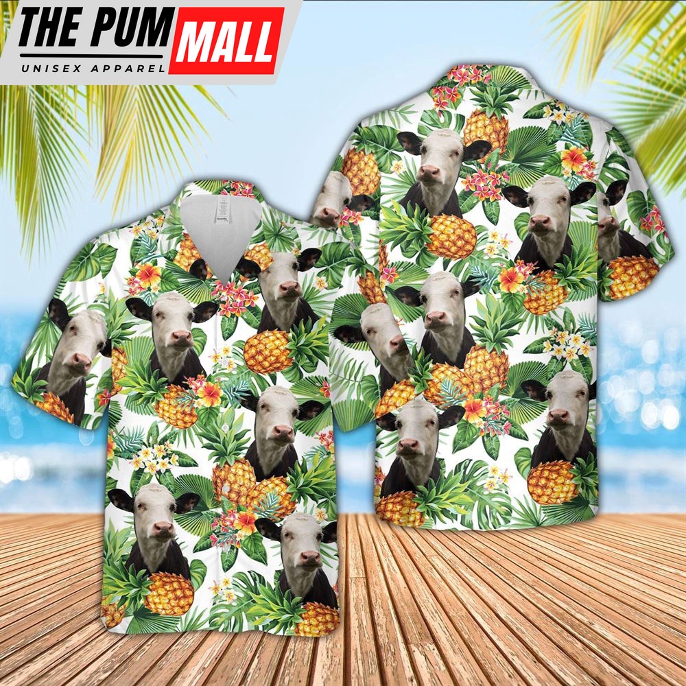 Farm Hawaiian Shirt, Black Baldy Pineapple Pattern 3D Hawaiian Shirt, Animal Hawaiian Shirt