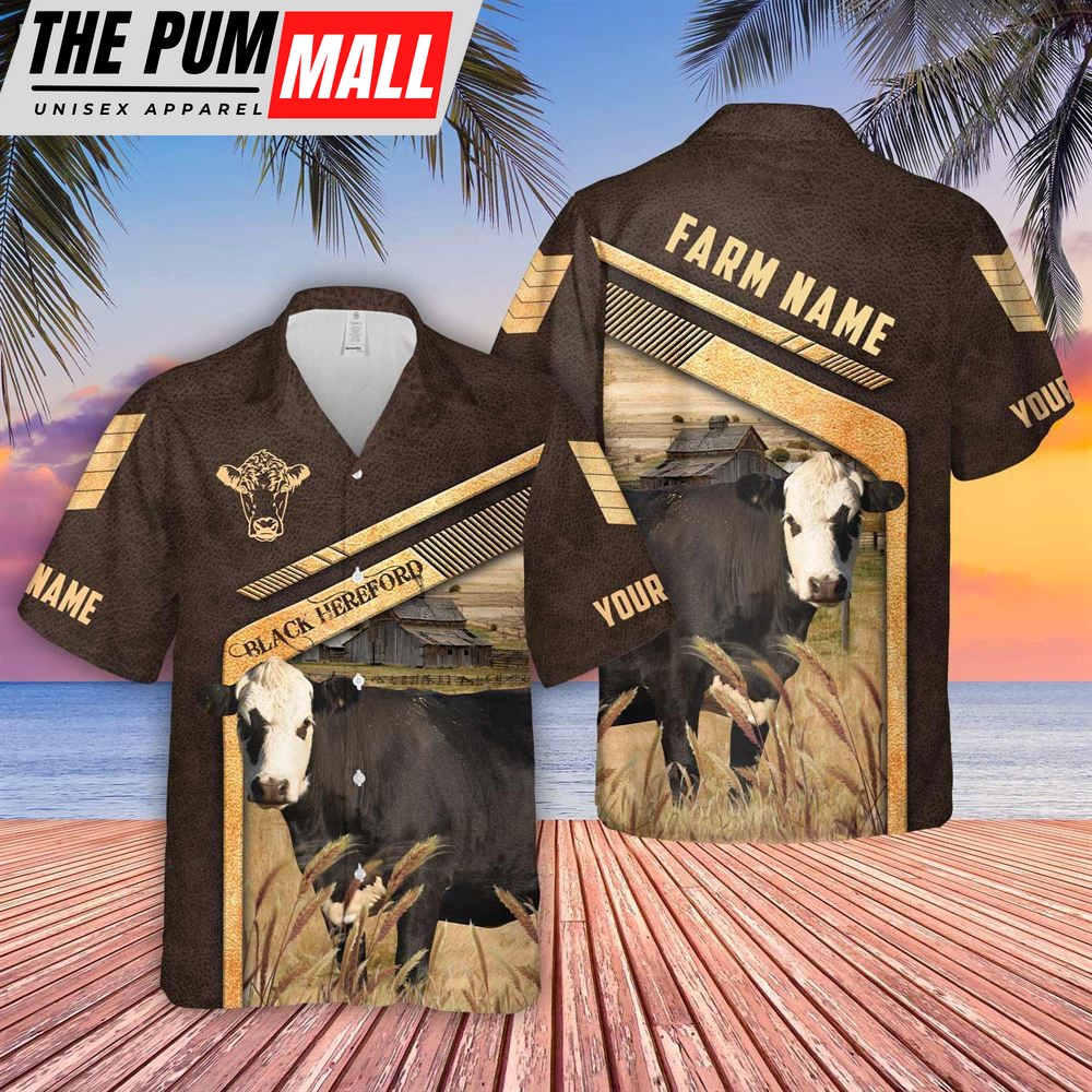 Farm Hawaiian Shirt, Black Hereford Brown Pattern Customized Name 3D Hawaiian Shirt, Animal Hawaiian Shirt