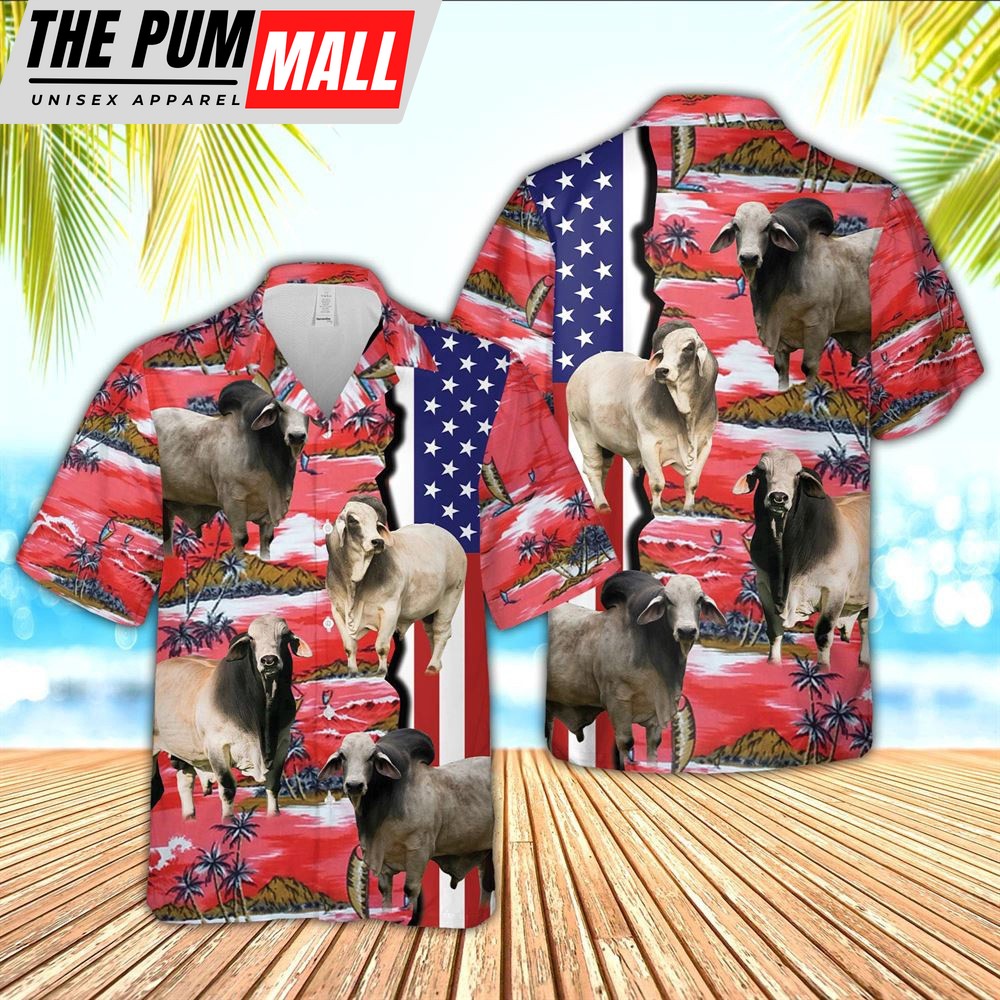 Farm Hawaiian Shirt, Brahman American Flag Farming 3D Hawaiian Shirt, Animal Hawaiian Shirt