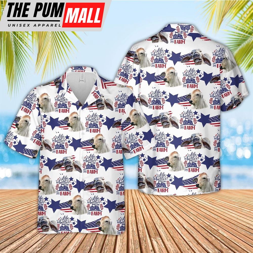 Farm Hawaiian Shirt, Brahman American Flag Pattern Hawaiian Shirt, Animal Hawaiian Shirt