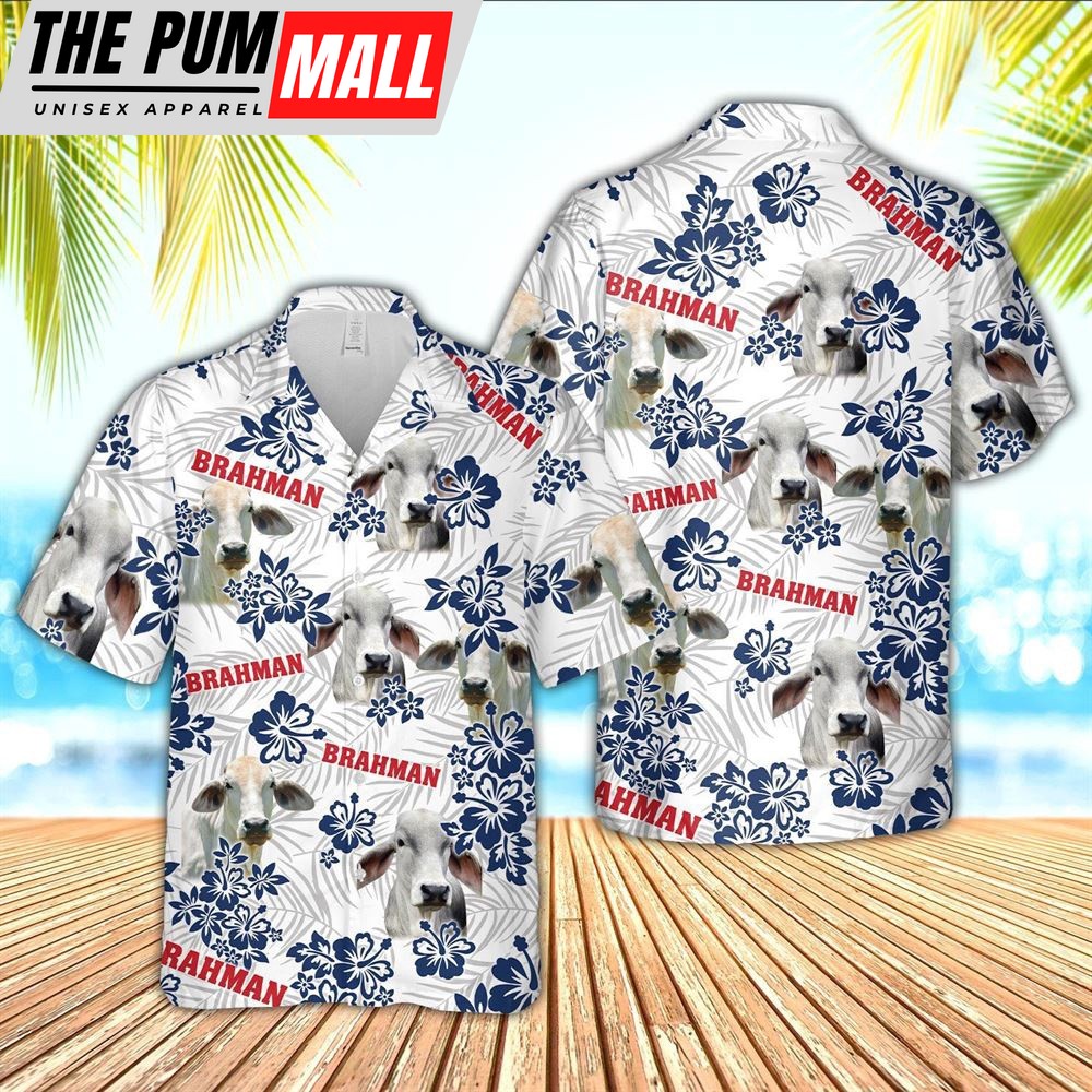 Farm Hawaiian Shirt, Brahman American White Flowers Pattern Hawaiian Shirt, Animal Hawaiian Shirt