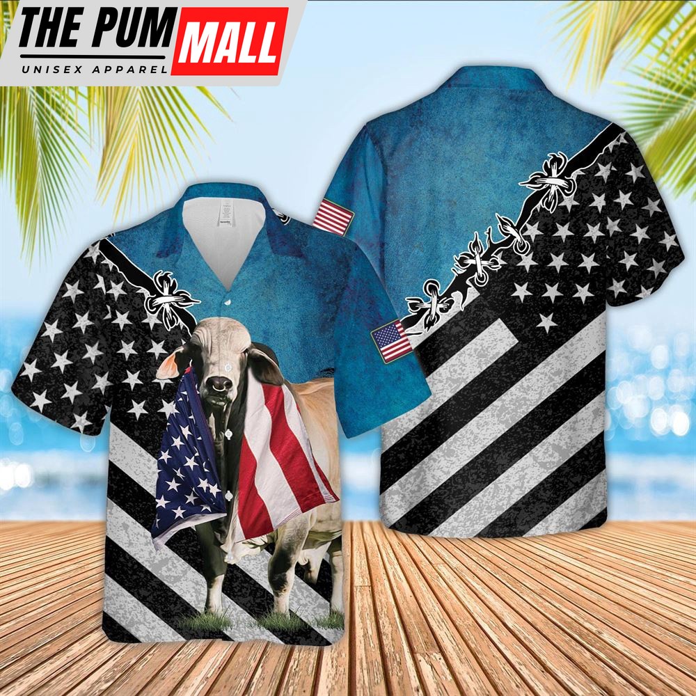 Farm Hawaiian Shirt, Brahman Cattle American Flag Hawaiian Shirt, Animal Hawaiian Shirt