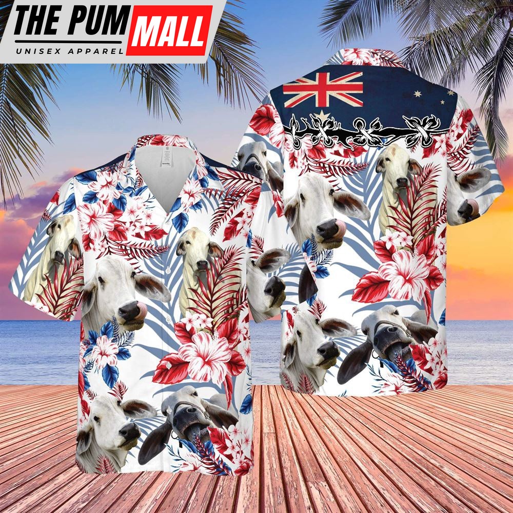 Farm Hawaiian Shirt, Brahman Cattle Australia Flag Hawaiian Flowers All Over Printed 3D Hawaiian Shirt, Animal Hawaiian Shirt