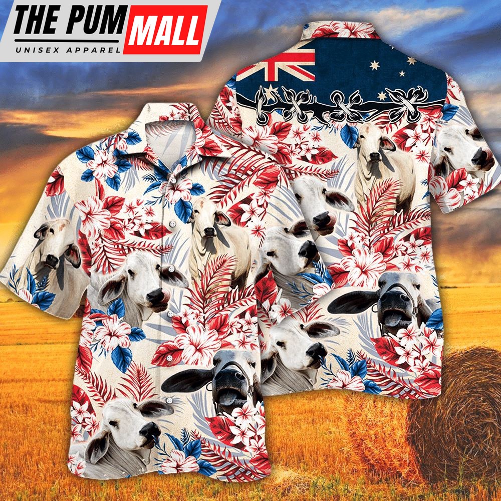 Farm Hawaiian Shirt, Brahman Cattle Australian Flag Hawaiian Flowers All Over Printed 3D Hawaiian Shirt For Men Women, Animal Hawaiian Shirt