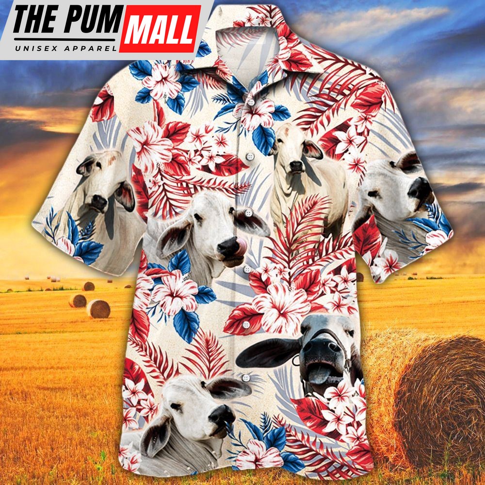 Farm Hawaiian Shirt, Brahman Cattle Australian Flag Hawaiian Flowers All Over Printed 3D Hawaiian Shirt, Animal Hawaiian Shirt